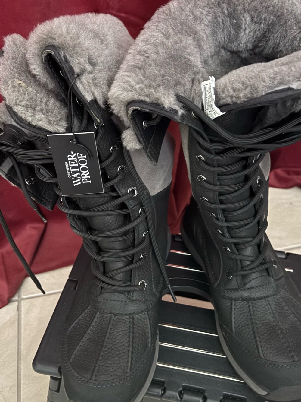 UGG Women's Black Winter Lace-Up Boots with Gray Faux Fur Collar